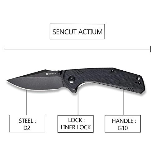 Sencut Knives SA02D Actium Flipper Knife 3.46 D2 Black Stonewashed Drop  Point Blade, Purple G10 Handles - KnifeCenter